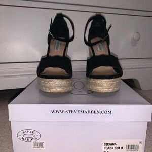 Steve Madden Black Suede Espadrille Wedges